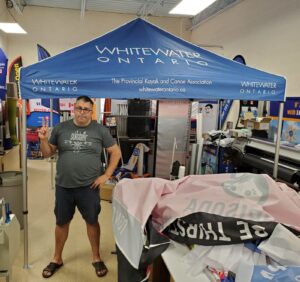 Blue printed canopy tent in a print shop