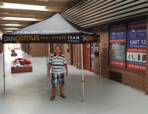 Black printed canopy tent, indoors