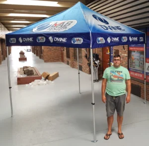 Blue printed canopy tent, indoors