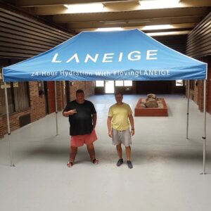 Light blue printed canopy tent, indoors