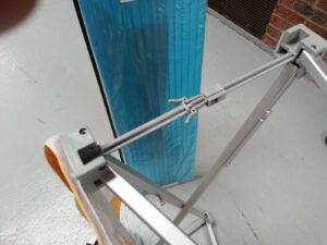 Close-up of the pop up counter frame and its blue shelf