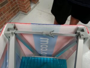Top view inside a pop up fabric counter with the shelf