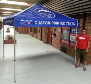 Blue printed canopy tent, indoors