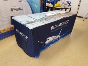 Navy fitted table cover printed edge to edge on the top, front and side